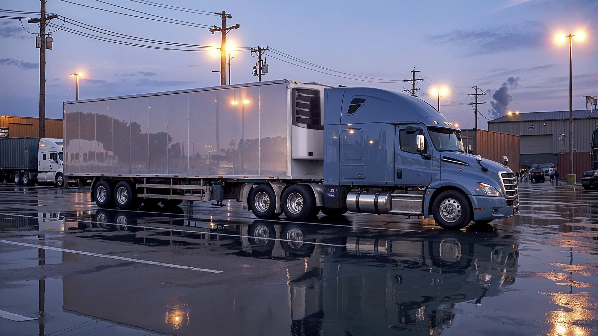 A tractor-trailer with a Thermo King Precedent S-750i unit at blue hour, on wet pavement