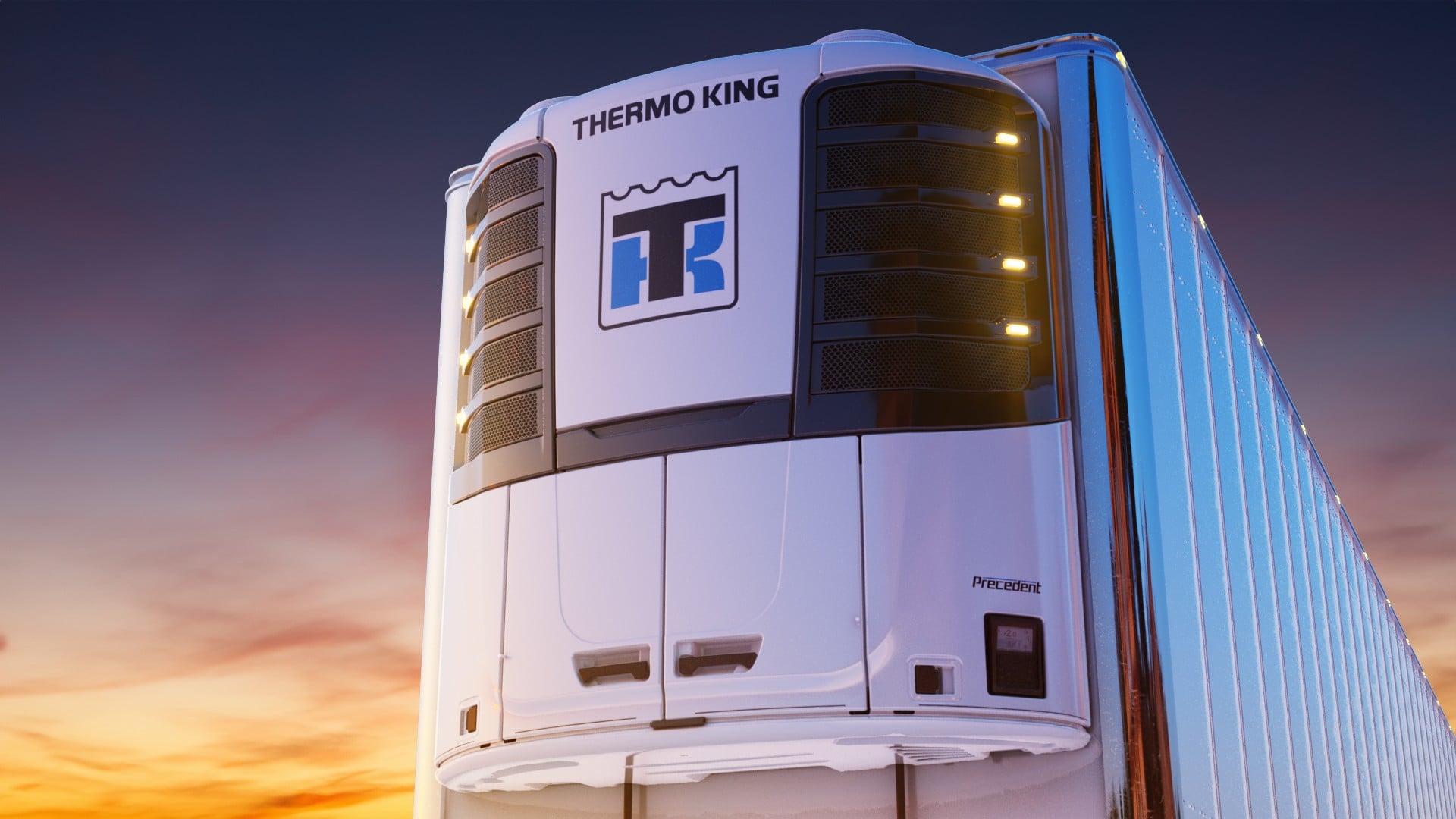 A Thermo King Precedent S-750i on a refrigerated trailer at sunset