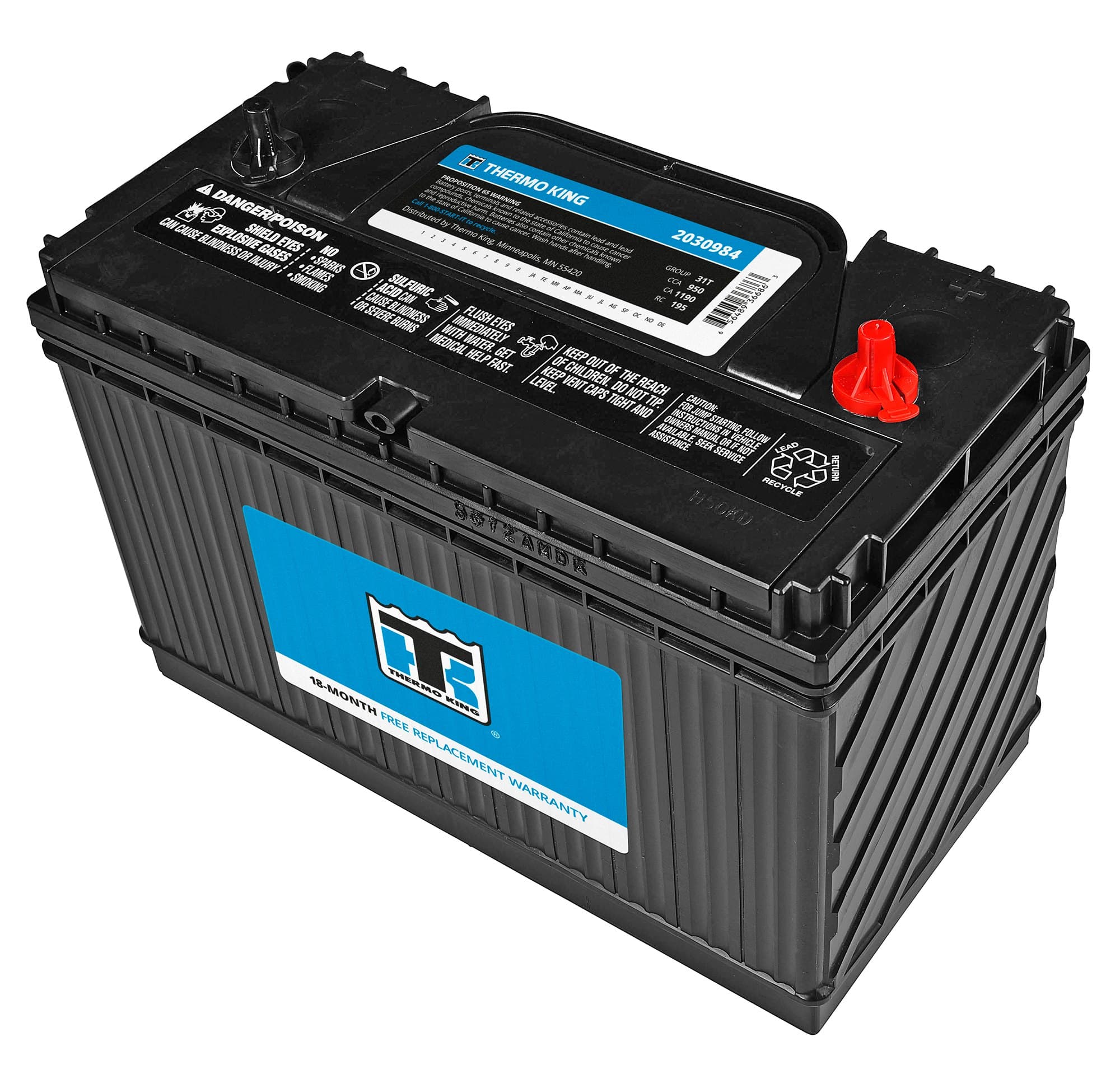 A Thermo King wet cell battery with its 18-month free replacement warranty label