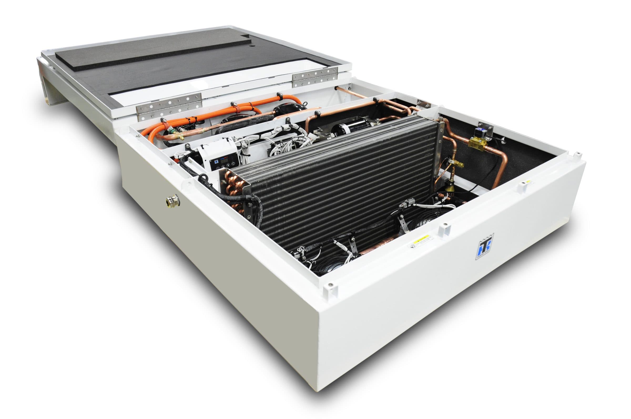 A Thermo King RLF Series rooftop bus HVAC unit with its covers open