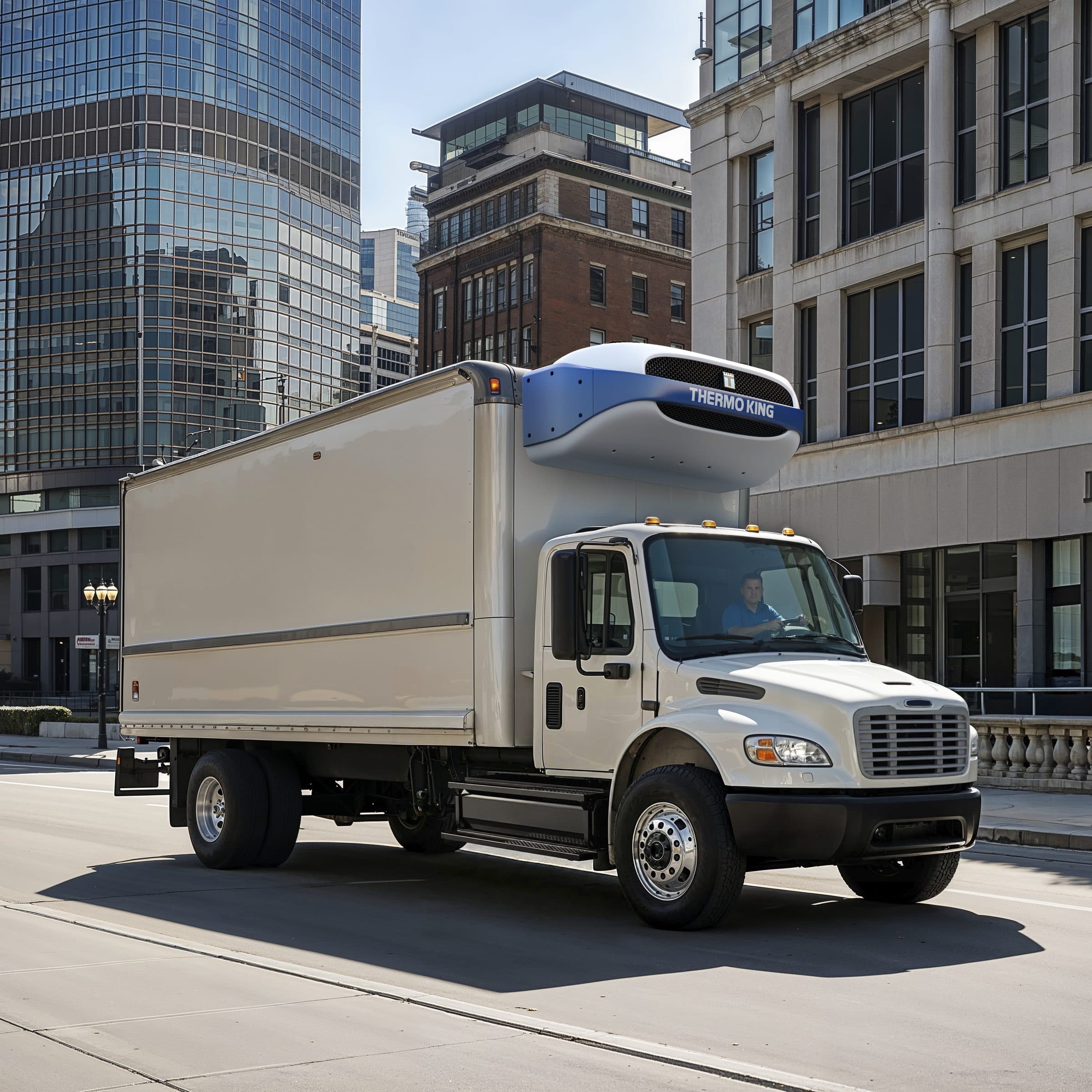 A box truck with a Thermo King e1000 unit on a city street