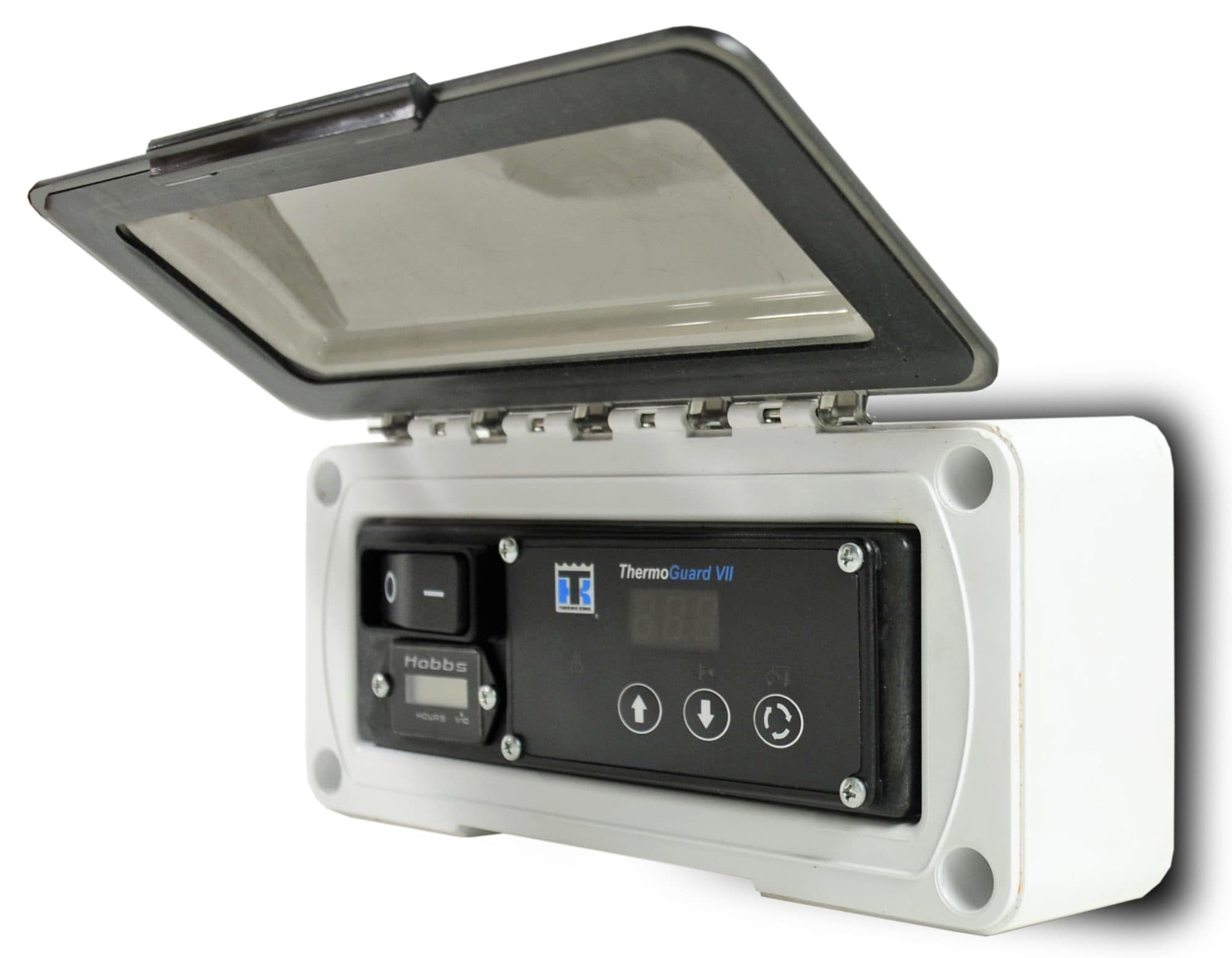 The Heat King's remote ThermoGuard VII display box, lid open, with its on/off switch, hour meter and keypad
