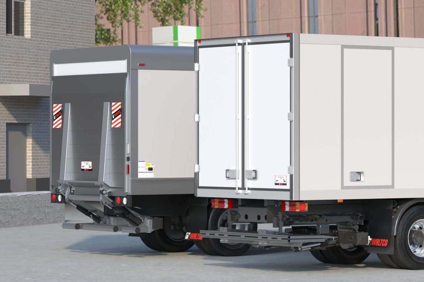 A render of two Waltco liftgates on box trucks: a cantilever folded upright at the rear, and a slide-away stowed under the body