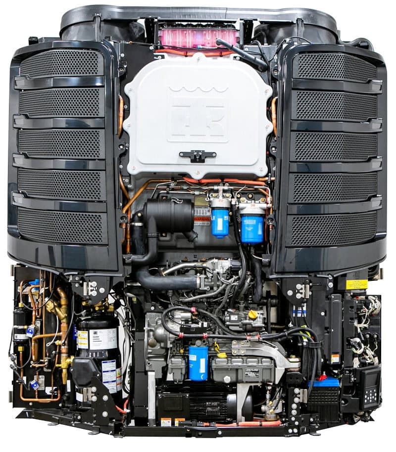 A Precedent S-750i with its doors and grilles off, showing the engine, scroll compressor and controls