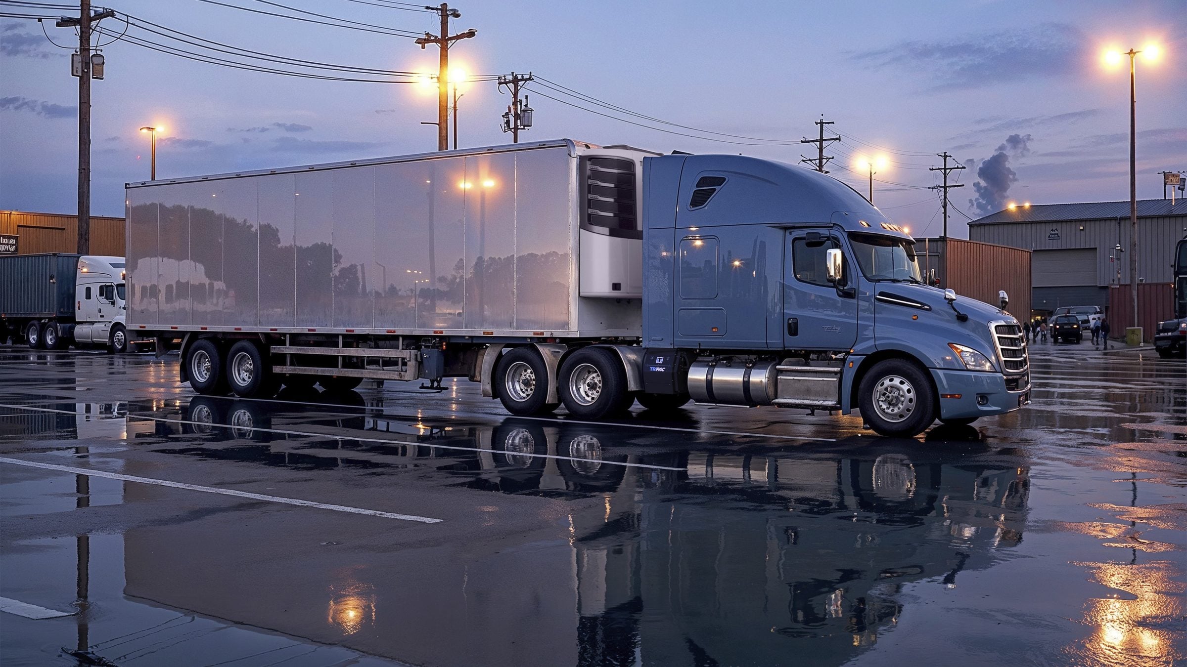 A tractor with a 3rd Generation TriPac APU and a trailer with a Precedent S-750i, parked at a truck stop at blue hour