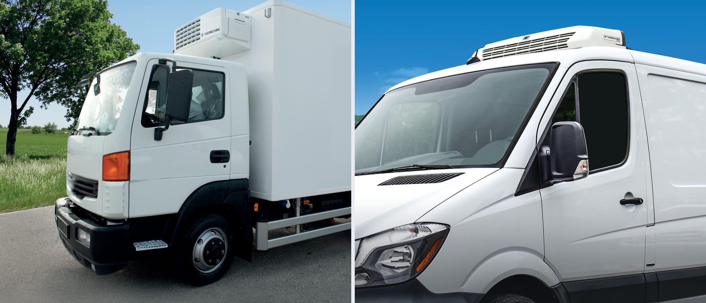 Two Thermo King units at work: a V-800 on the nose of a box truck, and a rooftop unit on a white van