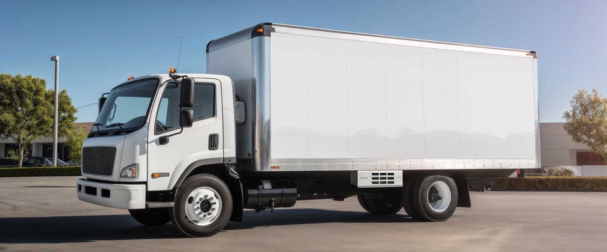 A white box truck with an undermount unit under the box, behind the cab