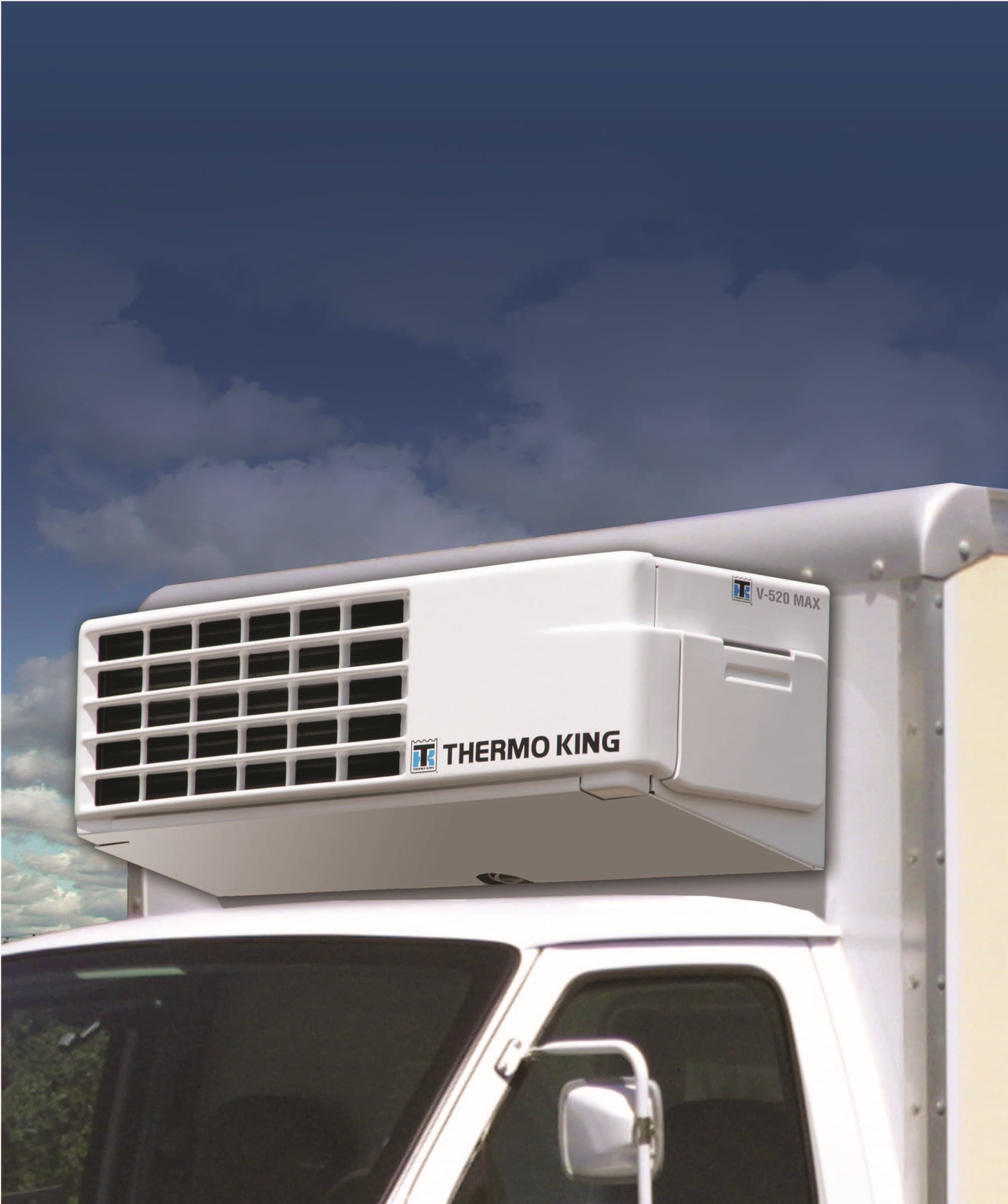A box truck with a Thermo King V-520 nosemount unit